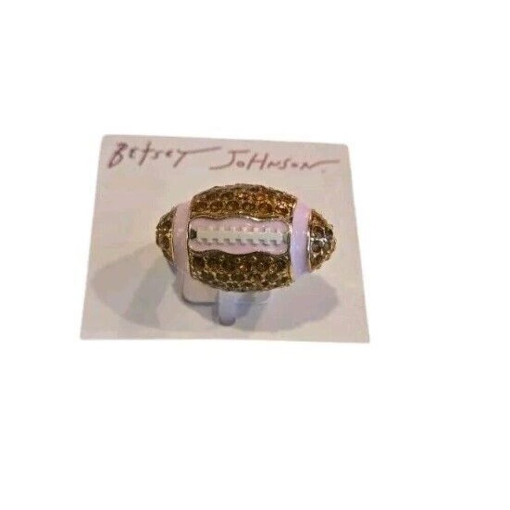 New BETSEY JOHNSON Orange Crystal Pink Enamel Football Cocktail Bling Ring - Picture 2 of 2